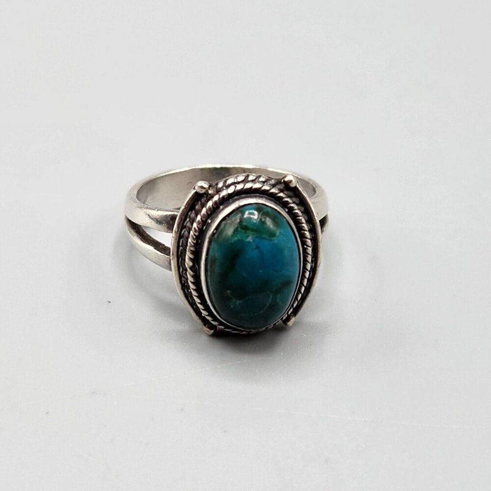 Chrysocolla 925 Sterling Silver Ring Oval Cabochon Stone Twisted Bezel Size 7